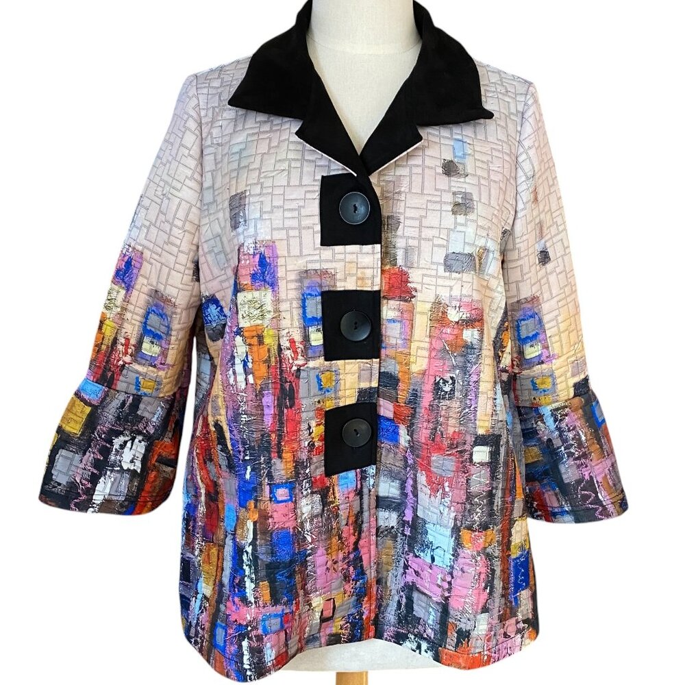 Damee Abstract Watercolor Quilted Jacket Artsy Avant Garde Funky Bell Sleeve-L